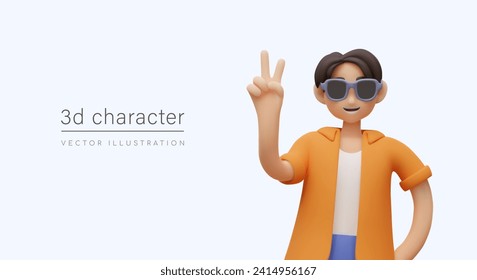 Positive 3D character. Man in sunglasses shows two fingers. Victory sign. Concept of success, good mood. Template for compositions with evaluative judgments