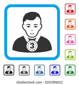 Positive 3rd Prizer Sportsman vector pictograph. Human face has cheerful sentiment. Black, gray, green, blue, red, pink color additional versions of 3rd prizer sportsman symbol in a rounded rectangle.