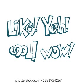 positive acceptance like yeah cool wow comic pop text emotional speech sound vector hand drawn doodle 