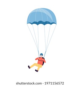 Positive active grandfather or senior man jumping with parachute, flat vector illustration isolated on blue background. Retirement age activity and healthy lifestyle.