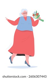 Positive active old lady with a bouquet of flowers in her hands. Happy granny dancing. Vector flat graphics.