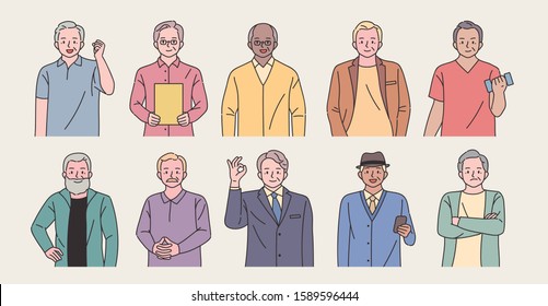 Conjunto de caracteres positivo y activo del hombre mayor. gente elegante de la moda. estilo de diseño plano ilustración vectorial mínima.