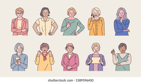 Positive and active old woman character set. stylish fashion people. flat design style minimal vector illustration.