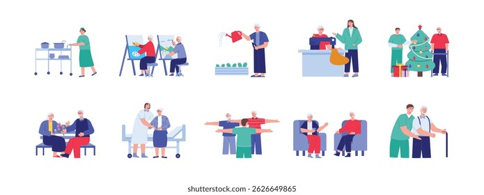 The positive activities of the nursing home patients, living their life with peace of mind. Character design. Vector flat illustration