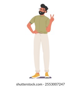 Positive adult bearded man cartoon character wearing casual clothing and eyeglasses showing v-sign victory gesture with hands isolated on white background. People body language vector illustration