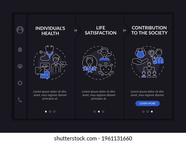 Positive adult development effects onboarding vector template. Responsive mobile website with icons. Web page walkthrough 3 step screens. Success dark mode concept with linear illustrations