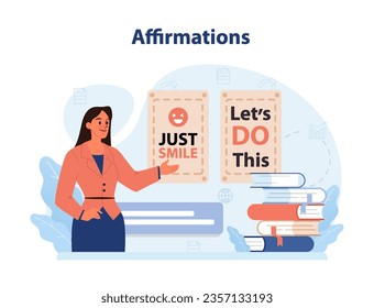 Positive affirmation. Personal growth. Optimistic mindset, self acceptance and well-being. Woman working on his mental health with positive affirmations. Flat vector illustration