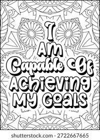 Página para colorear de cotización de afirmación positiva para adultos. Página para colorear de Mandala de cita positiva. Página para colorear de Swear Adult