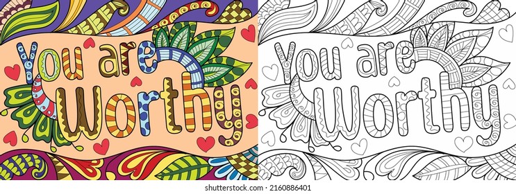 Positive affirmation and word henna mehndi style coloring book page illustration for adults art drawing relaxing 