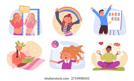 Positive Affirmations Concept Set für Web Design. Sammlung mit Cartoon Menschen sprechen Inspiration und Motivation zu sich selbst im Spiegel, machen Wünsche Bretter, Heilung und Selbstliebe. Vektorgrafik.