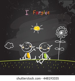 Positive affirmations for kids, motivational, inspirational concept vector illustration. I am forgiving text, typography. Chalk sketch on blackboard hand drawn doodle, scribble. 