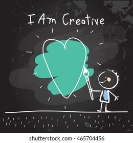 Positive affirmations for kids, motivational, inspirational concept vector illustration. I am creative text, typography. Chalk sketch on blackboard hand drawn doodle, scribble. 