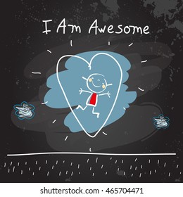 Positive affirmations for kids, motivational, inspirational concept vector illustration. I am awesome text, typography. Chalk sketch on blackboard hand drawn doodle, scribble. 