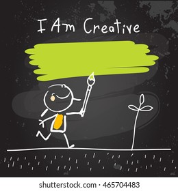 Positive affirmations for kids, motivational, inspirational concept vector illustration. I am creative text,  typography. Chalk sketch on blackboard hand drawn doodle, scribble. 