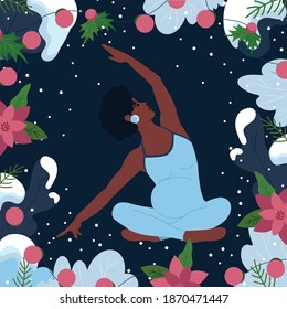 Positive African American girl doing yoga for pregnant women. Christmas surroundings, expecting the birth of a child for the New Year holidays. Vector illustration