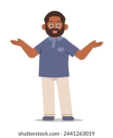 Positive African American man spreading his hands to the sides. Guy in casual clothes vector illustration on isolated background