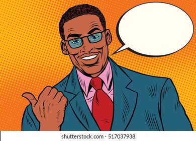 Positive African businessman showing thumb direction, pop art retro vector illustration