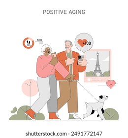 Positive Aging concept. Elderly couple enjoying a walk with a dog, using smartphones. Embracing technology and leisure in senior life. Vector illustration.