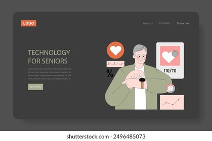 Positive aging concept. Elderly man embracing technology with health monitoring smartwatch. Web interface design for senior-friendly technology. Vector illustration.