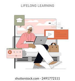 Positive Aging concept. Elderly woman engaging in online education, representing continuous personal growth. Lifelong learning through digital platforms. Vector illustration.