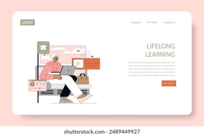 Positive aging concept. Senior woman leveraging technology for online education. Embracing lifelong learning and digital literacy at an older age. Vector illustration.