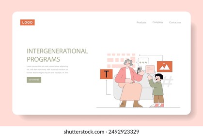 Positive Aging concept. Senior woman using smartphone with young child, sharing knowledge and technology. Intergenerational connection. Vector illustration.