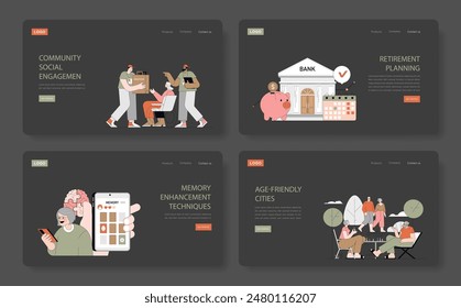 Positive Aging set. Engaging seniors through community, financial planning, memory games, and urban green spaces. Inclusive elder lifestyles and wellbeing. Vector illustration.