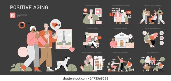 Positive Aging set. Illustrations portray elderly engagement with technology, learning, fitness, and community. Senior well-being and active lifestyle themes. Vector illustration.