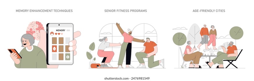 Positive Aging set. Techniques for memory enhancement, senior fitness, and age-friendly urban spaces. Elderly engaging in brain exercises, physical activity, and socialization. Vector illustration.