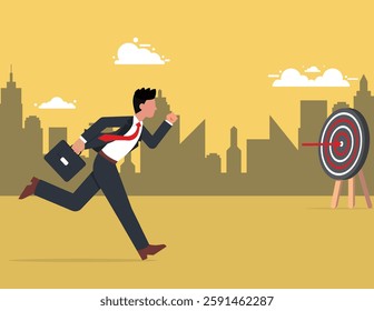 Positive ambition,  Successful business concept. Enthusiastic young businessman running towards his goal with determination.