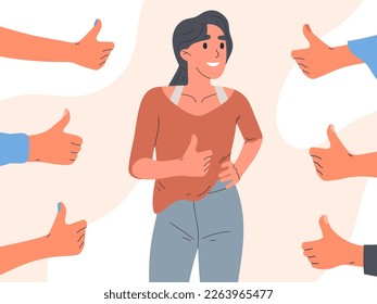 Positive approval. Female person surrounded thumbs up, public positive respect opinion and acceptance flat vector illustration isolated on white background