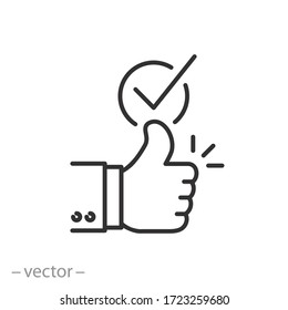 positive approval icon, good feedback, like recommend, thumb up with check, thin line web symbol on white background - editable stroke vector illustration eps10