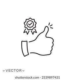 ícone de aprovação positiva, bom feedback, como recomendado, polegares para cima com verificação, símbolo de linha fina isolado no fundo branco, traço editável eps 10 ilustração vetorial