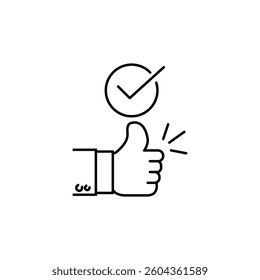 positive approval icon, good feedback, like recommend, thumb up with check, thin line web symbol on white background - editable stroke vector illustration eps10