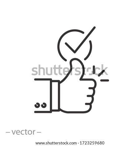 positive approval icon, good feedback, like recommend, thumb up with check, thin line web symbol on white background - editable stroke vector illustration eps10