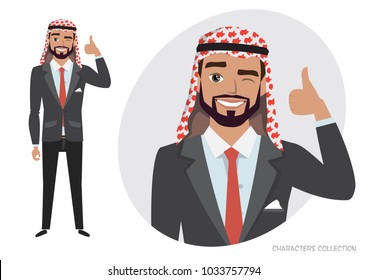 Positive Arab businessman character smiling and recommended. Laughing man showing thumbs up