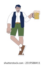 Positive arab male with beer mug 2D cartoon character. Middle eastern male in german clothes on oktoberfest holiday isolated person flat vector on white background. Spot illustration colorful