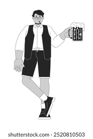 Positive arab male with beer mug black and white 2D line character. Middle eastern male in german clothes on oktoberfest holiday isolated vector outline person. Monochromatic spot illustration