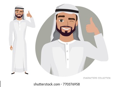 Positive Arab Man character smiling and recommended.