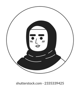 Positive arabian woman in hijab monochrome flat linear character head. Editable outline hand drawn human face icon. 2D cartoon spot vector avatar illustration for animation