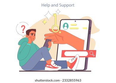 Positive aspect of social networks. Character asking a question in the internet. Community help for problem solving. Forum communication. Flat vector illustration