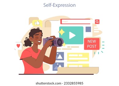 Positive aspect of social networks. Teenage girl expressing herself sharing a hobby through the social media. Young photographer posting pictures in the internet. Flat vector illustration