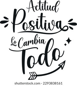 
positive attitude changes everything,   spanish lettering, hand calligraphy. positive phrases.