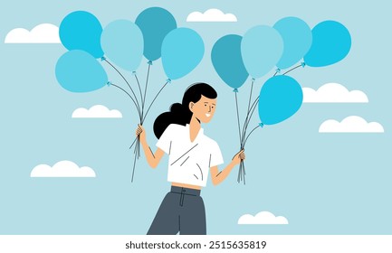 Positive attitude, joy and happiness, road to freedom, carefree girlWoman flying with balloons in the blue sky. Young carefree girl in the air. Concept of freedom, inspiration, mental health