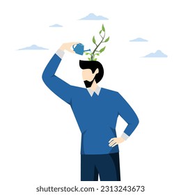 positive attitude to learn new knowledge to improve business problem concept, Self improvement, growth mindset, student smart entrepreneur using watering can to water seeds growing in his head.