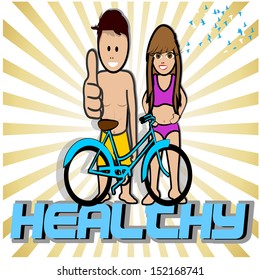 positive attitude man, woman in bathing suit, smiling, a blue bicycle in front of them, golden striped background and white.