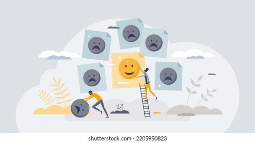 Positive attitude with optimistic behavior and mindset tiny person concept. Change thinking with psychology therapy session or encouragement from friends vector illustration. Feeling good and optimism