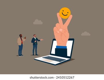 Positive attitude. Peace hand gesture sign with smiling emoji symbol in fingers. Modern vector illustration in flat style. 
