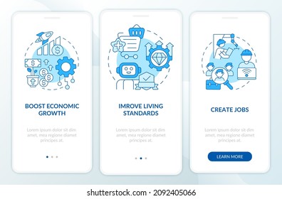 Positive Automation Impact On Society Blue Onboarding Mobile App Screen. Walkthrough 3 Steps Graphic Instructions Pages With Linear Concepts. UI, UX, GUI Template. Myriad Pro-Bold, Regular Fonts Used