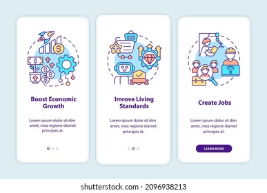 Positive Automation Impact On Society Onboarding Mobile App Screen. Walkthrough 3 Steps Graphic Instructions Pages With Linear Concepts. UI, UX, GUI Template. Myriad Pro-Bold, Regular Fonts Used